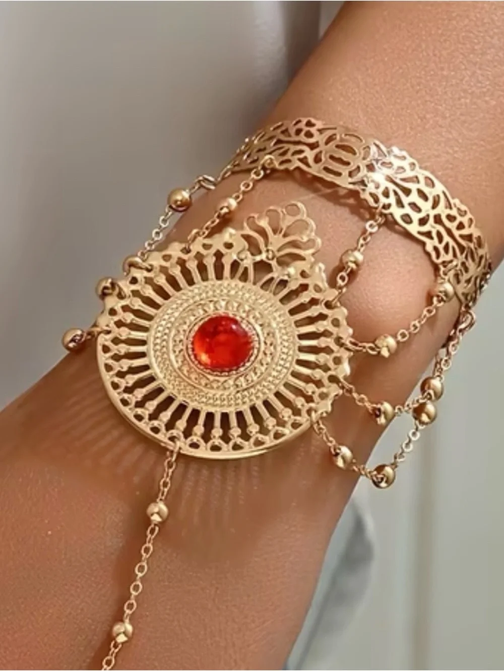 💎 HOST Pick💎 Golden Filigree Hand Chain Bracelet with Red Gem 💎 - Picture 2 of 6
